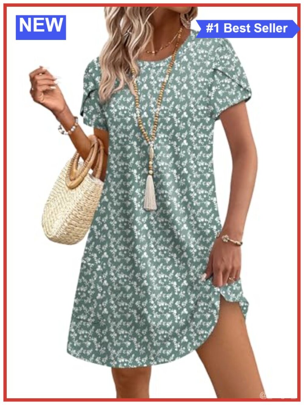 Womens Summer Casual Dress Tulip Petal Short Sleeve Crew Neck with Pockets
